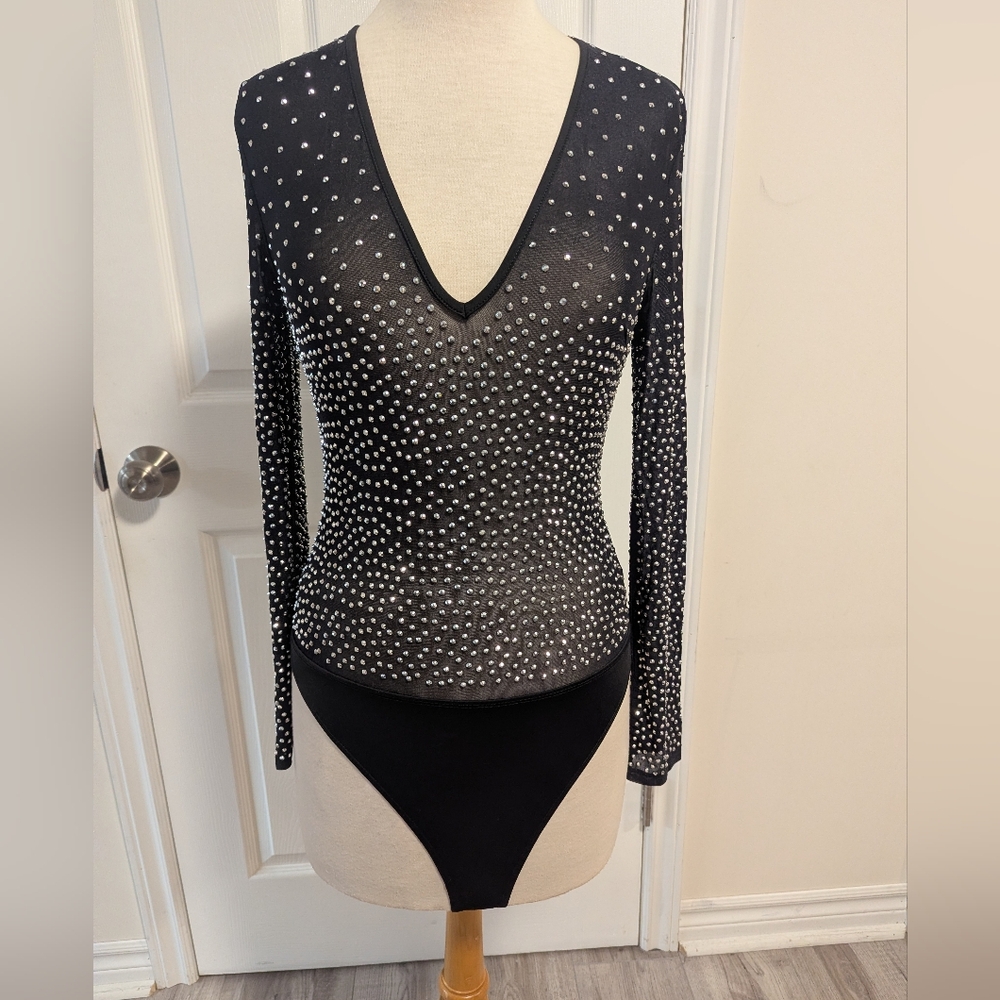 Banjul Black and Silver Studded V-Neck Bodysuit